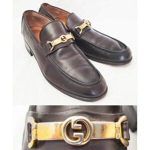 Vintage Gucci Men's Dark Brown Leather Loafers Shoes with Gold GG Buckle 42.5